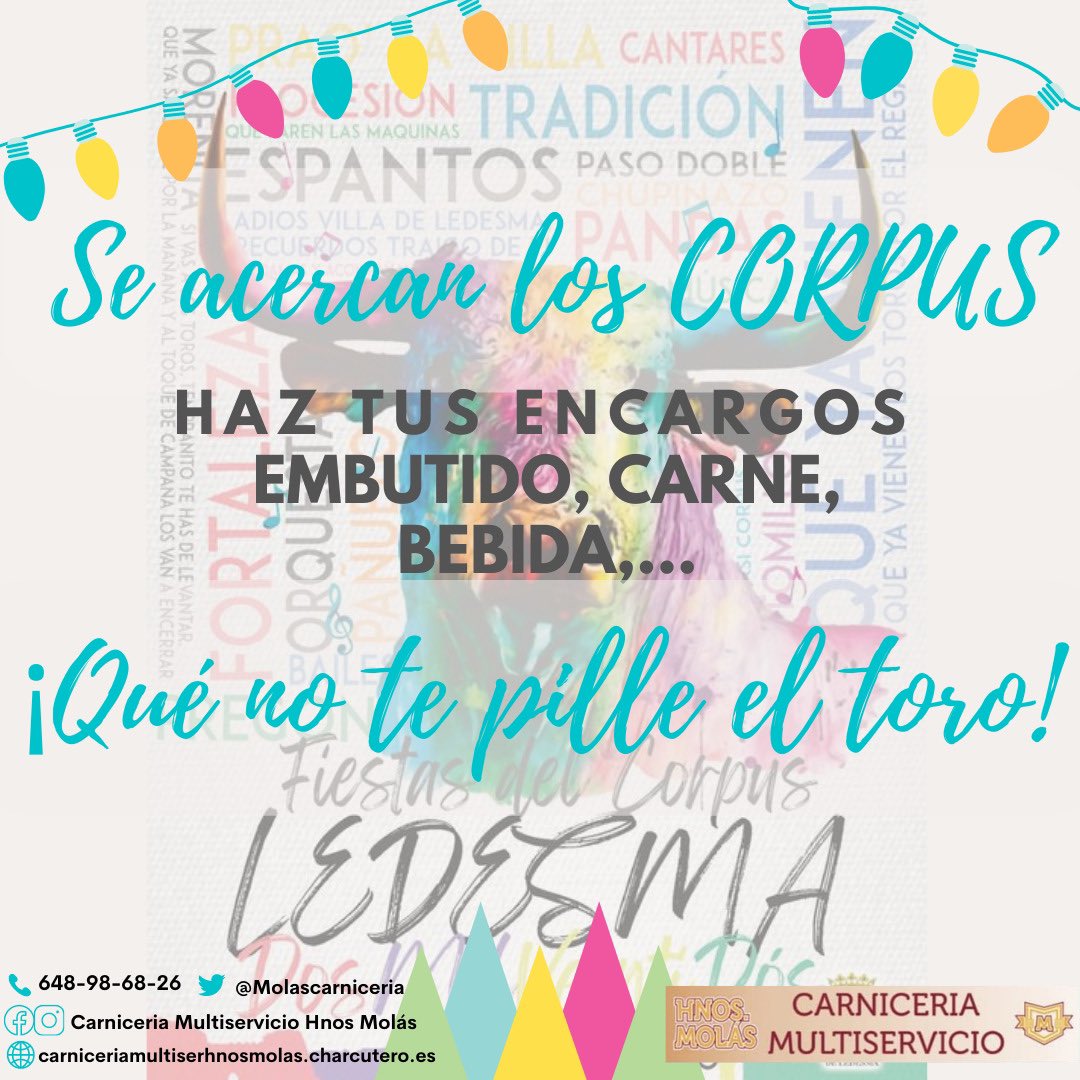 laargazaba21's tweet photo. Se acercan los CORPUS tan deseados por todos 🤗
Haz tus encargos de embutido, carne, bebida,…
¡Qué no te pille el toro!
🛒 https://t.co/X4wM2T15hF
#ledesma #fiesta #corpus #embutido #encargos #salmanca #carniceria #multiservicio #hermanos #molas https://t.co/tdwdS0pdwr