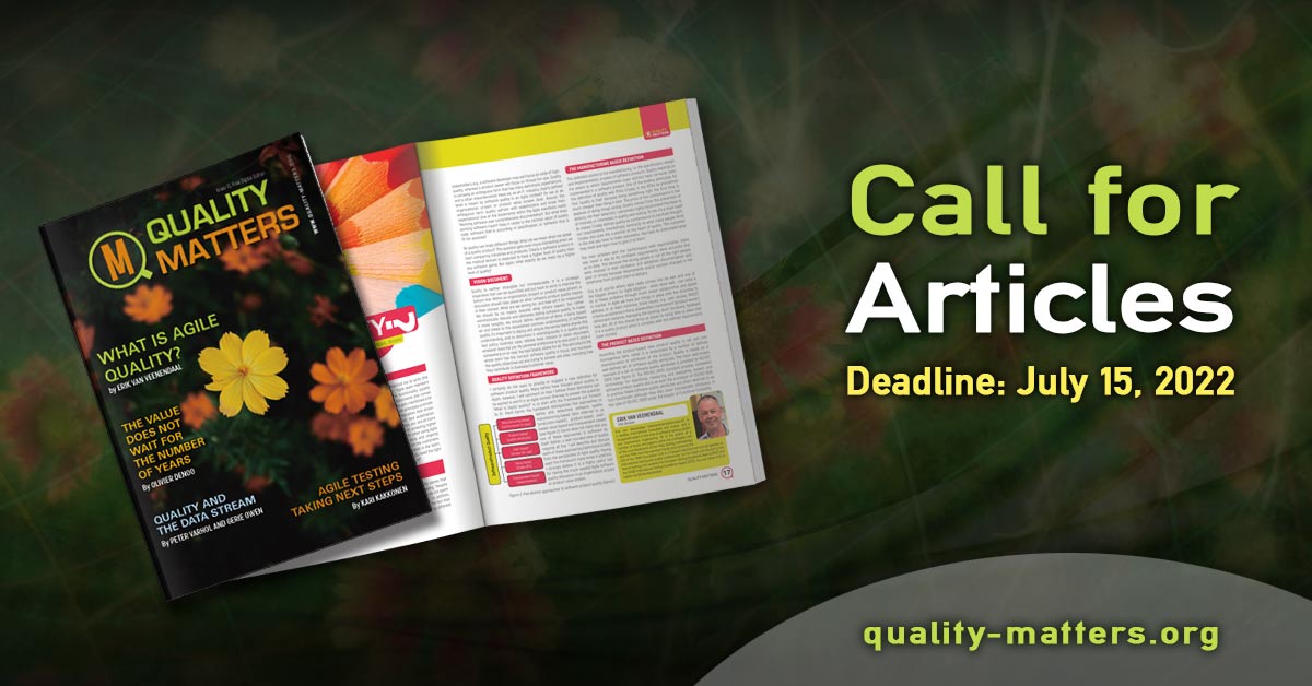 Call for Articles for Issue 14 of Quality Matters is now open! This writing opportunity will be open until July 15. You can read more about our expectations, requirements and possible topics here: quality-matters.org/index.php?page…  and send us your articles at editors@quality-matters.org.