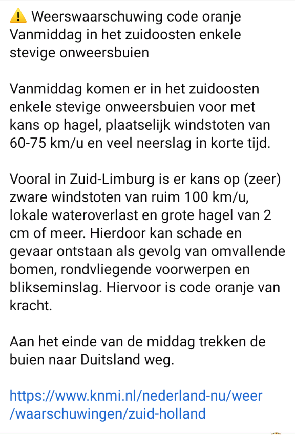 ⚠️ Weerswaarschuwing code oranje
Vanmiddag in het zuidoosten enkele stevige onweersbuien...

knmi.nl/nederland-nu/w…