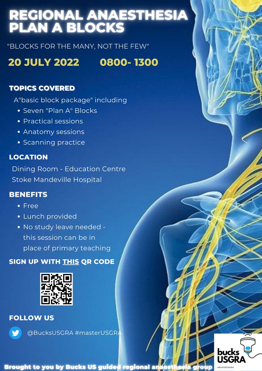 BucksUSGRA's tweet photo. ATTENTION CORE TRAINEES/EQUIVALENTS IN ANAESTHESIA @BucksHealthcare & HORTON!
π 20th July 2022
π©π»ββοΈ Plan A Blocks Teaching
π° FREE!
β Study Leave required
π½ Provided
Please confirm attendance and dietary requirements via QR code
#regionalanaesthesia #masterUSGRA https://t.co/aEWOYfGa0I