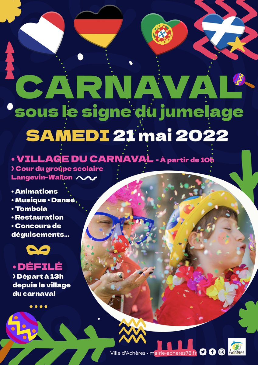 AcheresVille's tweet photo. Festivités du week-end à Achères : 
🥳 Ce soir, repas convivial en partage pour la fête des voisins à la Maison des Parents, la résidence intergénérationnelle et l'Accueil de loisirs Jacques Tati
🤡 Demain, carnaval dès 10h à Wallon Langevin !!  
👉https://t.co/yBKsCJ3HUT https://t.co/q3k1wLNDCE