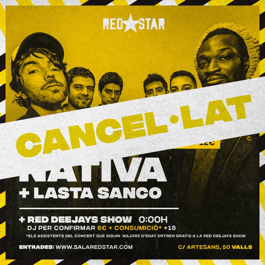 Ens dol a l'ànima comunicar-vos que per raons alienes a nosaltres, s'ha cancel·lat el concert de <a href="/OficialNativa/">Nativa</a> i <a href="/lastasanco/">lastasanco</a> que estava programat pel pròxim divendres 27. A tot això, ens morim de ganes de veure els valencians i pròximament els podrem gaudir al <a href="/festiuet/">Festiuet</a>!