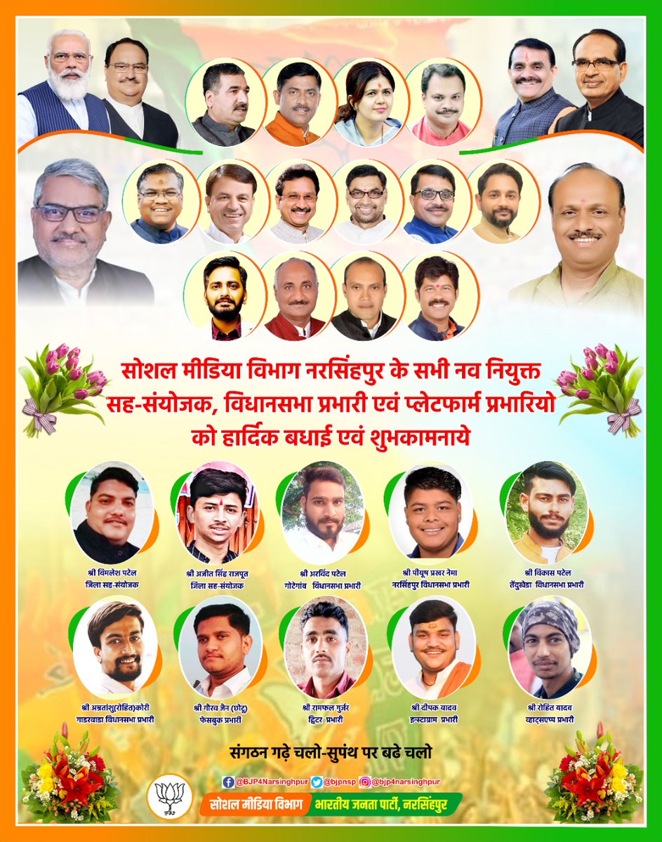 BJP4Narsinghp's tweet photo. सोशल मीडिया विभाग नरसिंहपुर के नव नियुक्त सभी पदाधिकारियों को हार्दिक बधाई व शुभकामनाये..!! @BJP4MP
@vdsharmabjp @HitanandSharma @PMuralidharRao @rajneesh4n @SharmaaAbhishek @kailashsoninsp @Authorsuyash https://t.co/RKQWtAflni