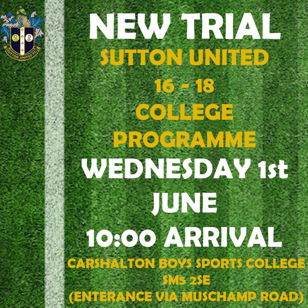 sutton_academy's tweet photo. 🚨16-18 College Programme Trials🚨
Current Yr11/Yr12 ✅
Full Time Football ✅
BTEC ✅
NEW TRIAL DATE FOR OUR @suttonunited 16-18 college programme confirmed‼️ If interested in joining, register now:
marvin.williams@suttonunited.net
#CollegeProgramme https://t.co/sqIlerFtz2
