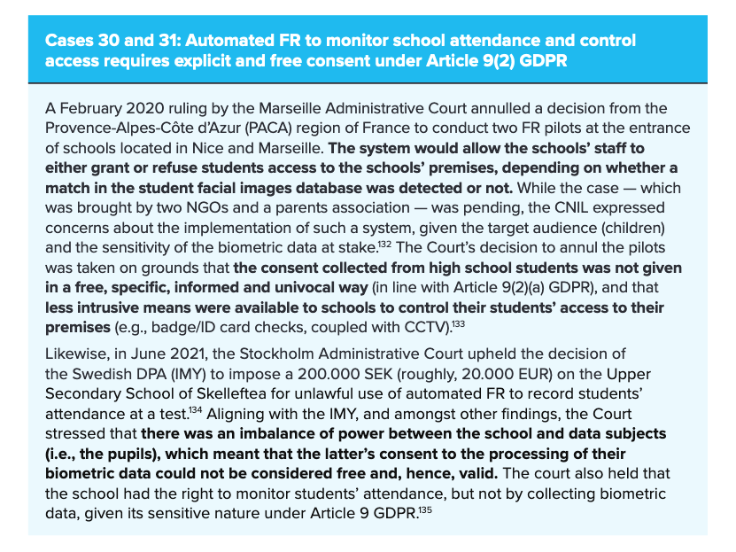 defenddigitalme's tweet photo. From new @futureofprivacy report: #GDPR case studies involving Automatic Decision Making https://t.co/B6Znv1CXLO Incl. French, Swedish and Bulgarian data protection authority decsions that stopped the use of #biometrics in schools. #BanBiometricsInSchools #StateOfBiometrics2022 https://t.co/ESi85DeCis