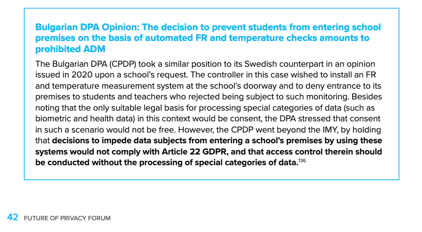 defenddigitalme's tweet photo. From new @futureofprivacy report: #GDPR case studies involving Automatic Decision Making https://t.co/B6Znv1CXLO Incl. French, Swedish and Bulgarian data protection authority decsions that stopped the use of #biometrics in schools. #BanBiometricsInSchools #StateOfBiometrics2022 https://t.co/ESi85DeCis