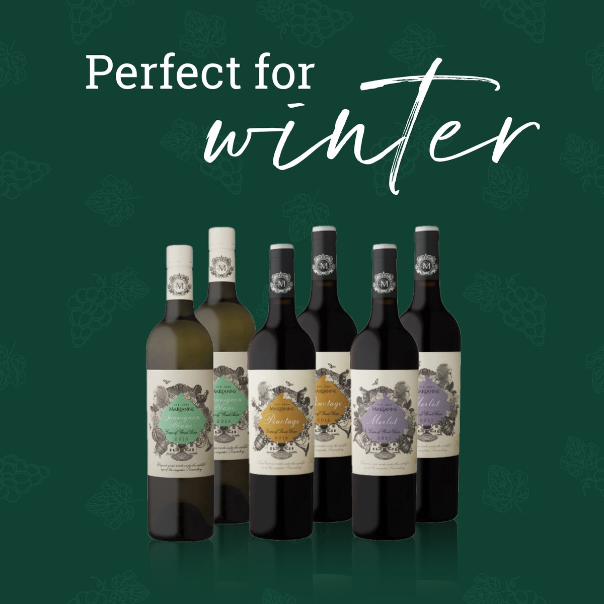 Our <a href="/MarianneWines/">Marianne Estate</a> mixed case is perfect for winter 🍷 It includes a lovely Pinotage &amp; Merlot - ideal for those cold, wintery nights. 

Shop the case here: bit.ly/3LuOXd2

#TheWineFarmer #DieWynboer #MarianneWines #WinterWines #WinterWarmers #ShopLocal