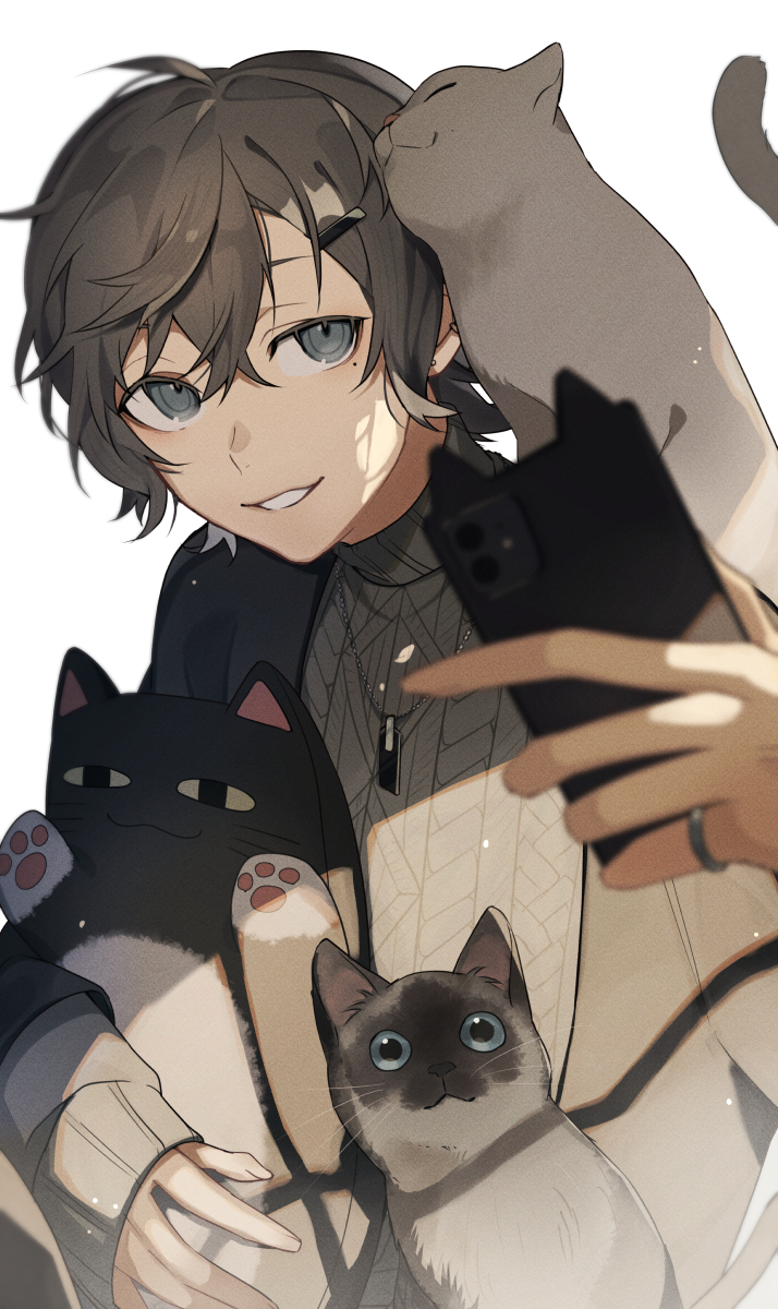 cat 1boy male focus jewelry brown hair sweater phone  illustration images