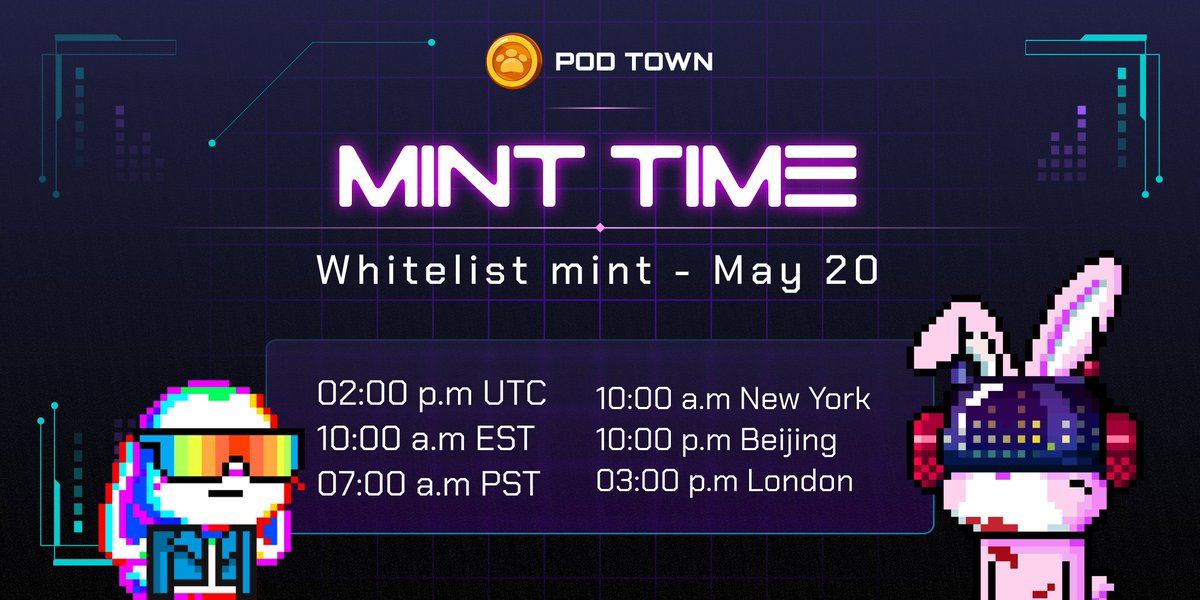WHITELIST MINT IS TODAY - 20 MAY 14 UTC 🎉

Official mint URL: pod.town/cyber-rabby-nft
At: 0.1Ξ

- GA party begins before 3 hrs
- WL mint is at 14 UTC today, lasts 24 hrs 
- 1 WL slot = 5 Rabby you can mint
- Triple WL and up can mint Bundle
- 50% kickback begins after 2k minted