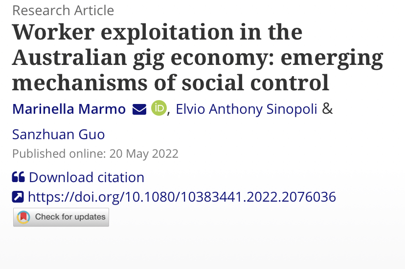 My very first academic pubblication with @MarmoDr and @sanzhuan, discussing #workerexploitation in the Australian #gigeconomy as market-generated #socialharm 🥳 🥳 🥳

@FlindersCRIM @flindersbgl @flinders 
#criminology #statecorporate #socialcontrol