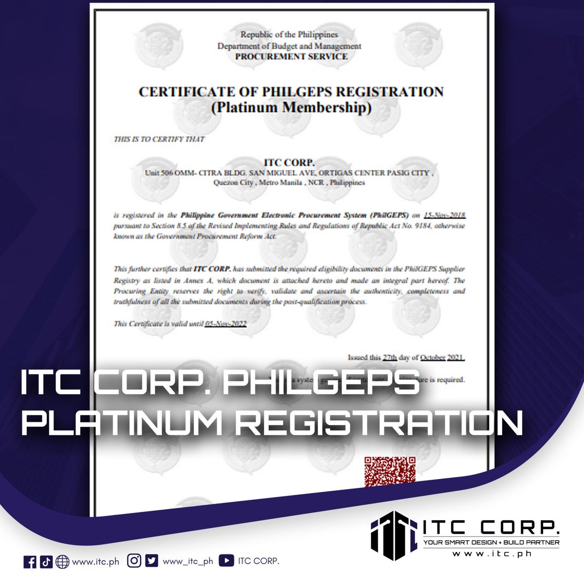 www_itc_ph's tweet photo. We are proud to share that we are a corporation that is platinum PhilGEPS certified. This certification helps us to build quality, recognition, and credibility from the government as well. 

#PHILGEPSREGISTERED #PlatinumMembership #construction #architecture https://t.co/yutnXSToU1