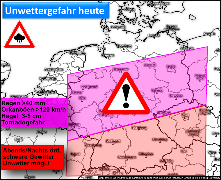 Kachelmannwettr's tweet photo. Der großen Streifen in der Mitte, wo heute extreme #Unwetter auftreten können. Aber auch dort trifft es nicht alle. Wo genau ist noch nicht sicher, daher unseren Livestream verfolgen. Auch im Süden sind später örtlich schwere #Gewitter möglich.
https://t.co/WhWgcuMtVT /LD https://t.co/p5e6K0ykSv
