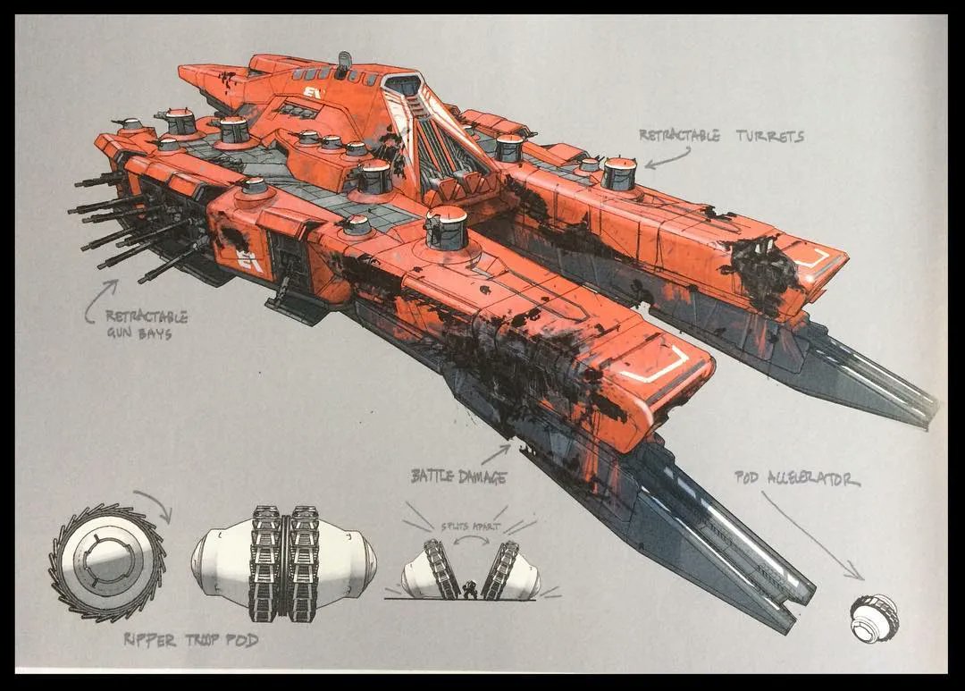 Some concept art for the cabal ships and drop pods, in the Destiny 2 Collec...