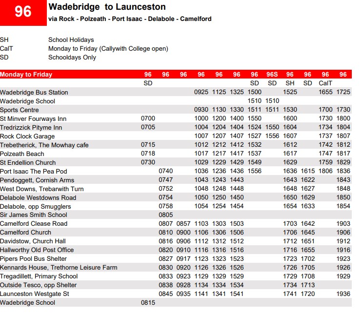 GoCornwallBuses's tweet photo. #TFC96 Following the damaged bridge and closure just outside Wadebridge there is an emergency timetable coming into effect for Service 96 from Thursday 19th May until the road is re-opened. Please find attached the Monday to Friday one. Full Details: https://t.co/g9M1zuRl8N https://t.co/hjjwC4cO1L
