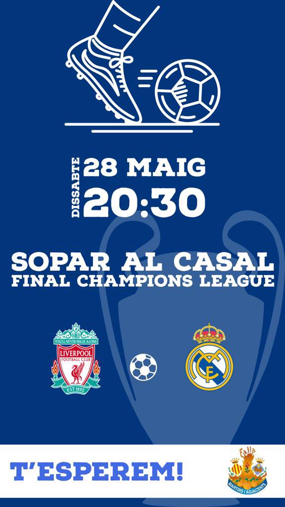 fallamartirs's tweet photo. Futbolers i futboleres, falleres i fallers! Vos esperem el proper dissabte 28 de maig a les 20:30 h al Casal, per a vore junts la Final de la Champions League🏆⚽️. 
Despesa de taula 3€. 

Vinga, feu comboi! 💪🏼 https://t.co/BC2BvgwRY3