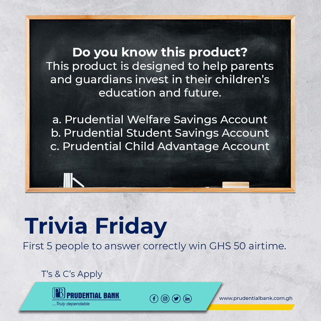 pblghana's tweet photo. How well do you know our products?
#PrudentialBankGh
#TrulyDependable
#PBLTrivia https://t.co/ttKvyCsUEs