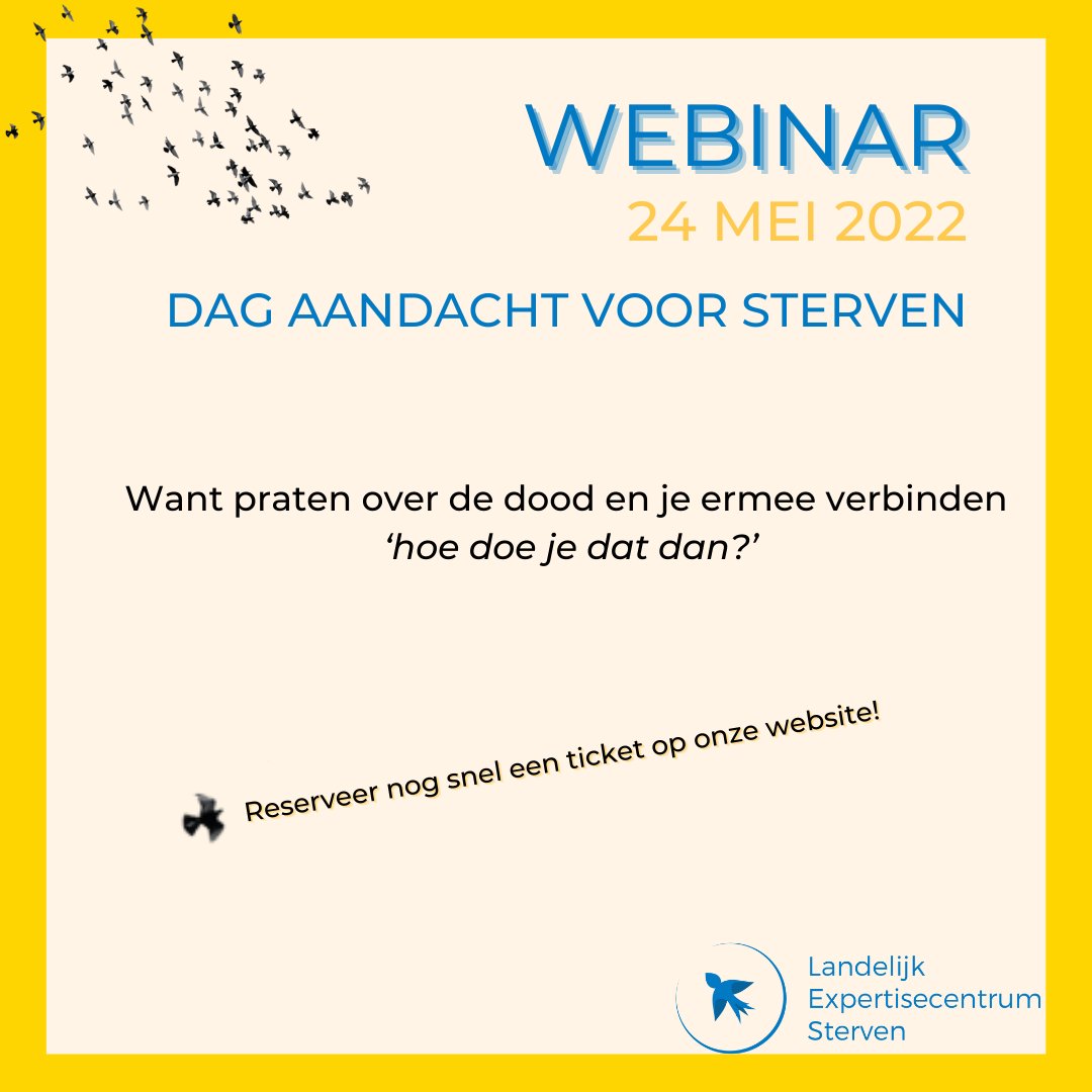 info_LESterven's tweet photo. Het is bijna zover, heb jij je al aangemeld voor dit spraakmakende en verbindende webinar op 24 mei a.s.?
We vinden het leuk wanneer je erbij kunt zijn!
Voor info en tickets:
https://t.co/yB4JqYm7As

#webinar #sire #dagaandachtvoorsterven #samenleving #dedoodpraaterover https://t.co/7iyCOOInFu