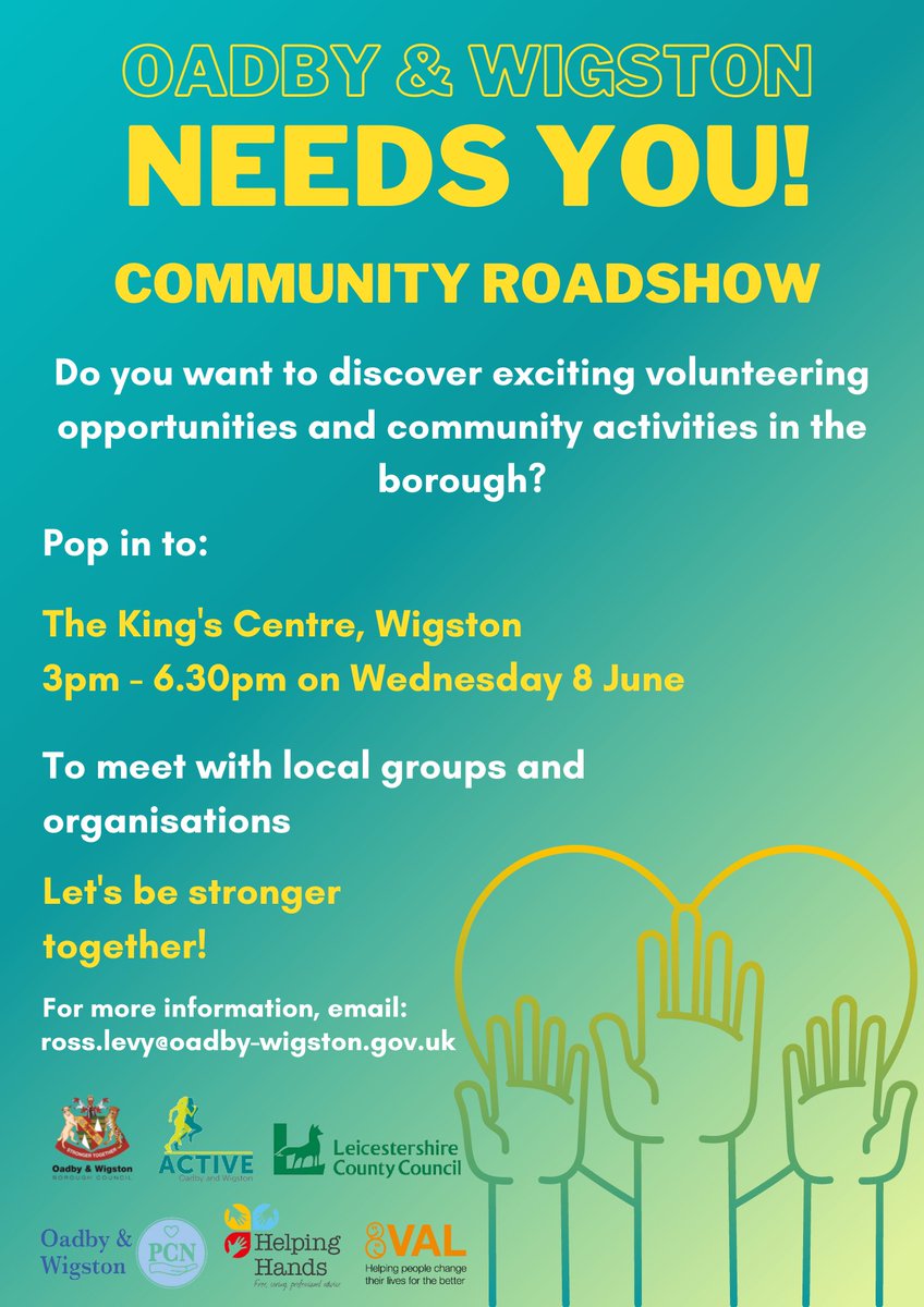 Want to volunteer in your local area!? 

Come and meet with local groups and organisations and learn how you can get involved in a number of activities in Oadby and Wigston 😀 #volunteer #oadby #wigston #localcommunity