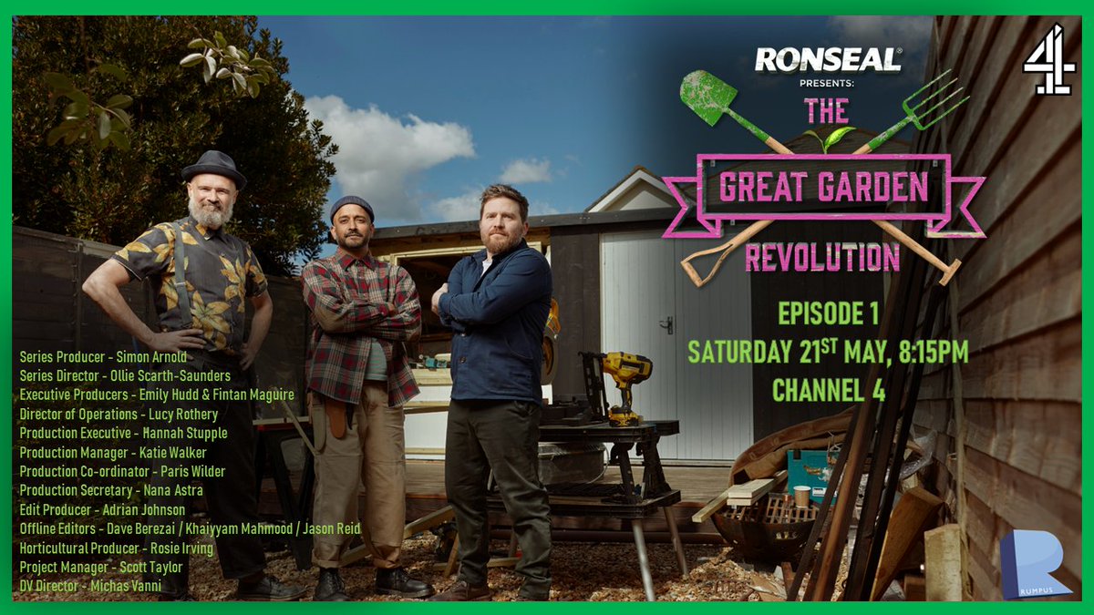 RumpusMedia (@rumpusmedia) on Twitter photo The Great Garden Revolution returns tomorrow at 8:15PM on Channel 4! Grab a cuppa and a snack and enjoy as Joel (<a href="/MrJoelBird/">joel bird</a> ), Errol (<a href="/HornimanMuseum/">Horniman Museum and Gardens</a>) and Bruce work their magic on some gardens!
Brought to you by Rumpus Media and <a href="/Ronseal/">Ronseal UK & Ireland 🇬🇧 🇮🇪</a> The Great Garden Revolution returns tomorrow at 8:15PM on Channel 4! Grab a cuppa and a snack and enjoy as Joel (<a href="/MrJoelBird/">joel bird</a> ), Errol (<a href="/HornimanMuseum/">Horniman Museum and Gardens</a>) and Bruce work their magic on some gardens!
Brought to you by Rumpus Media and <a href="/Ronseal/">Ronseal UK & Ireland 🇬🇧 🇮🇪</a>