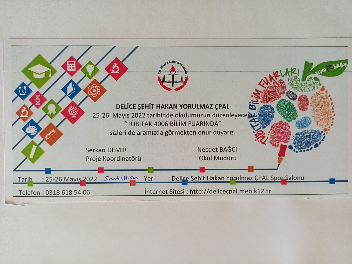 TÜBİTAK 4006-BİLŞM FUARIMIZ 25 Mayıs 2022 Çarşamba günü.
<a href="/kirikkalemem/">Kırıkkale Millî Eğitim Müdürlüğü</a> <a href="/DeliceKaymakaml/">Delice Kaymakamlığı</a> <a href="/delicebelediye1/">delicebelediyesi</a> <a href="/DeliceMilli/">Delice İlçe Milli Eğitim Müdürlüğü</a>