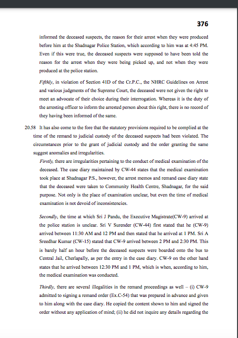 #HyderabadEncounter: Justice Sirpurkar Commission recommends trial for murder against the 10 police officers; says cops fired upon the accused persons with an intent to cause their death; flags mutiple procedural violations in the arrest of deceased persons.