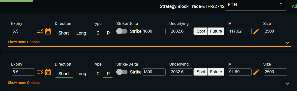 laevitas1's tweet photo. In v2 our new strategy builder will include a way to import your trades on @DeribitExchange via CSV or @tradeparadigm block trades directly via ID.

Example below with bull put spread executed earlier.
You can view P/L and simulate portfolio risks according to spot &amp; vol bumps. https://t.co/kVOLuG2qv4