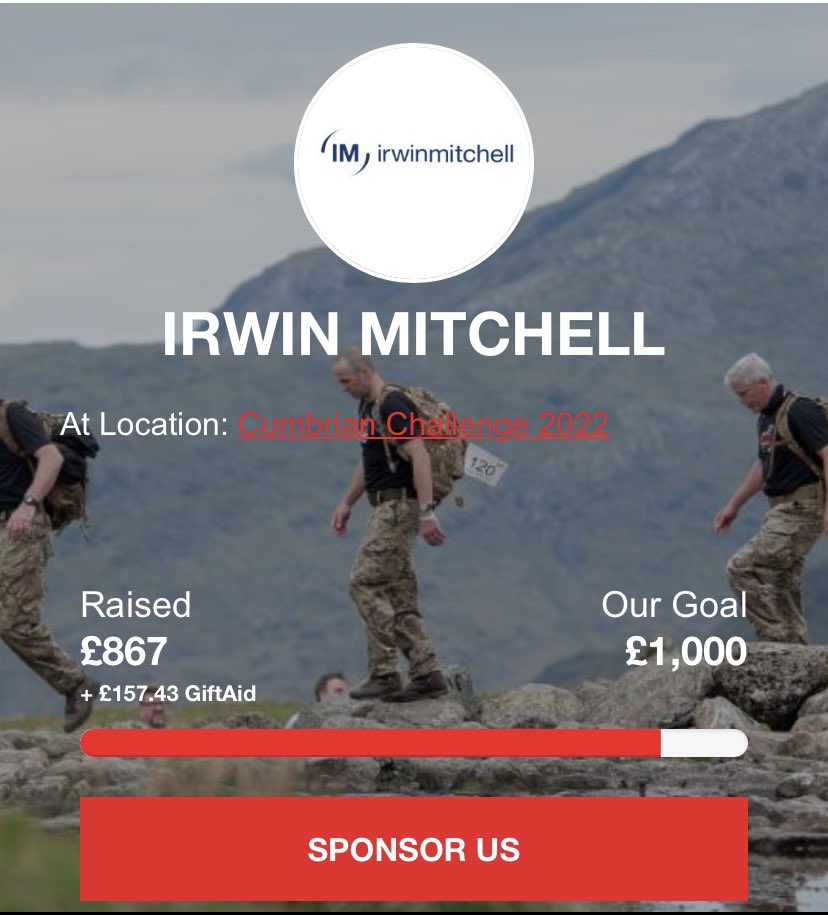 bensonlorna9's tweet photo. We are almost there !! 
Please help us reach our £1000 target (£133 short)
@irwinmitchell team completed the Cumbrian Challenge on Saturday 14th May, for Walking With the Wounded.  

https://t.co/u9roJ3LSFF https://t.co/r5lRUQT48K