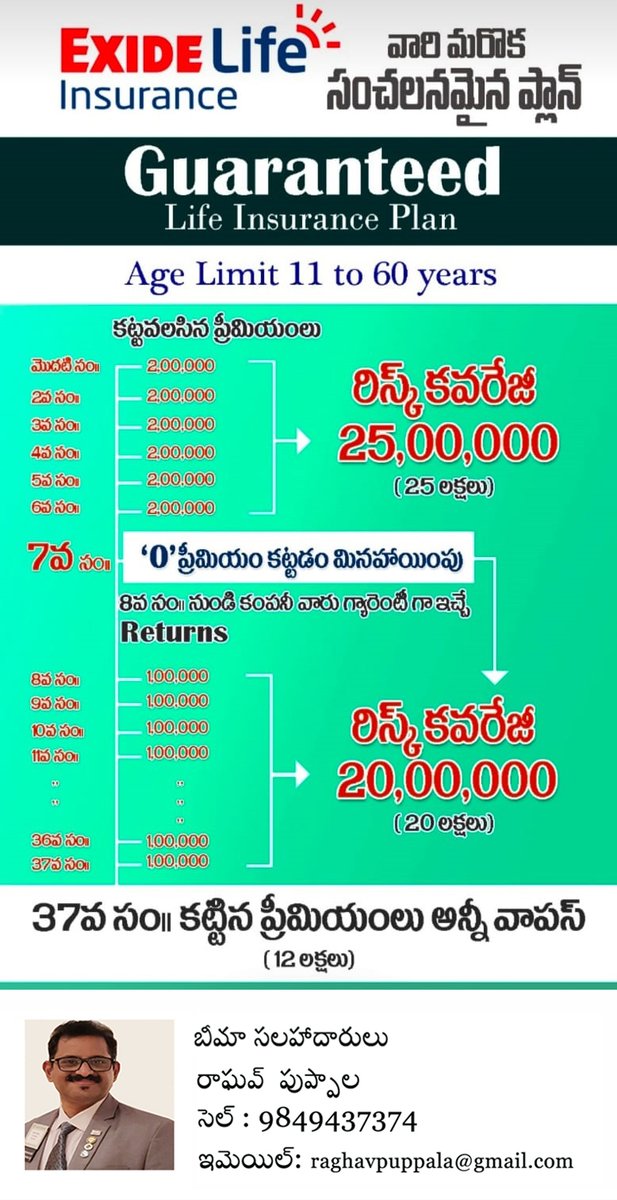 NAdsxcell's tweet image. Exide Life Insurance for more details Call:9849437374
#ExideLifeInsurance #Guaranteed #lifeinsuranceplan #riskcoverage #premium #wealthplanner