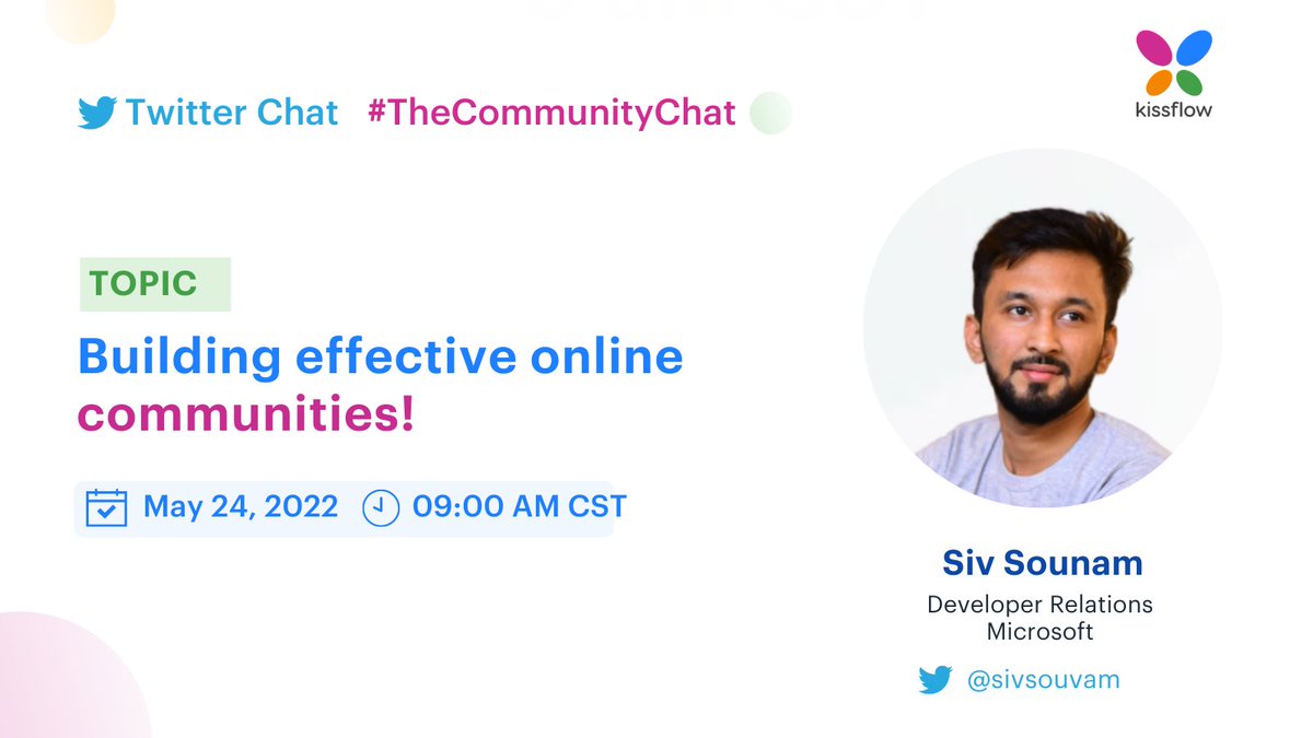 KFCommunitySW's tweet image. We are excited to announce our second guest 
@sivsouvam
 for our upcoming Twitter chat session on May 24th!

Siv is working in the Developer Relations community at Microsoft and has several years of experience in  community building.

Join us on May 24 @ 9 AM CST!
#Twitterchats