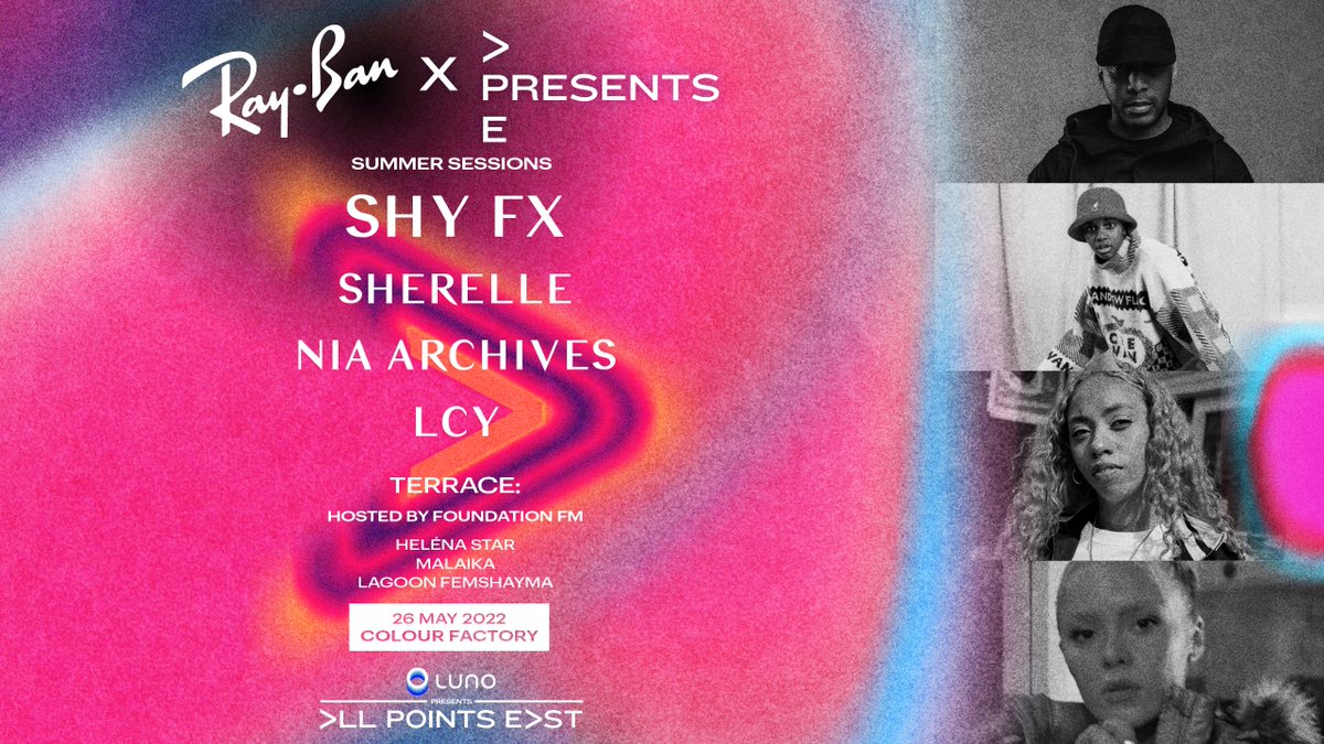 The legendary <a href="/ShyFX/">ＳＨＹ ＦＸ</a> has joined the bill <a href="/ray_ban/">Ray-Ban</a> x APE Presents: Summer Sessions at Colour Factory 🔥

RT + follow to win a pair of tickets and be chauffeured to the Summer Sessions show in an all-electric 
<a href="/BMW_UK/">BMW UK</a> iX, + tickets to Luno presents All Points East 2022! #YouAreOn