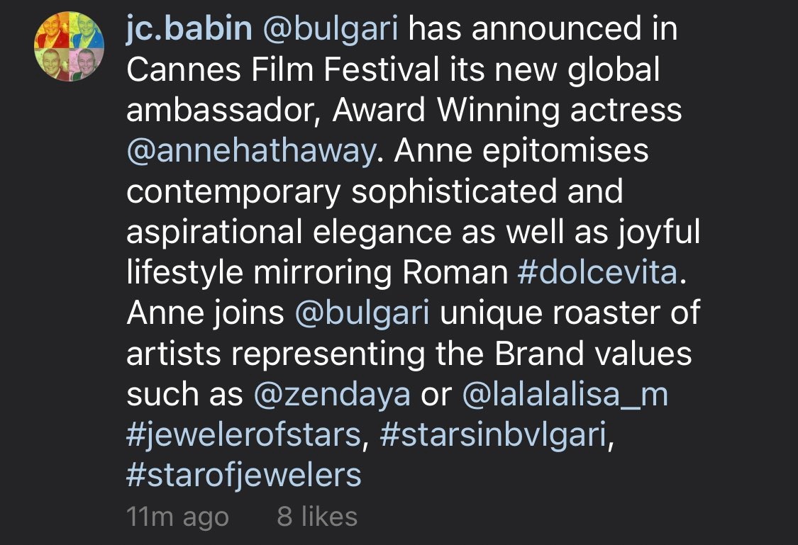 🗒 jc.babin: “@Bulgariofficial has announced in Cannes Film Festival its new global ambassador, Award Winning actress Anne Hathaway. Anne joins Bulgari unique roaster of artists representing the Brand values such as @.zendaya or @.lalalalisa_m  #jewelerofstars, #starsinbvlgari,”