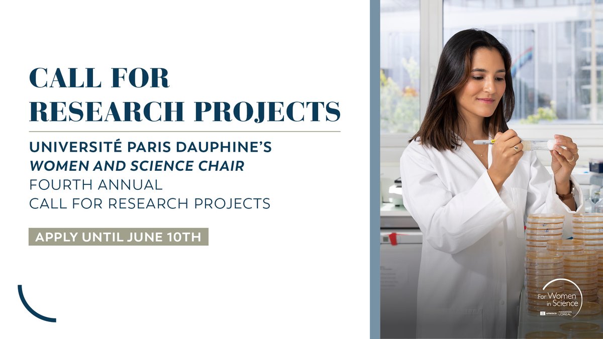 4womeninscience's tweet photo. The #WomenAndScience Chair at @Paris_Dauphine is officially launching its 2022 call for research projects! Each year, up to 7 research projects are selected and receive support of up to 10,000€.
⏰ Deadline to apply: June 10, 2022
👉 https://t.co/Z6gLKdUCF7 https://t.co/P9exQnVIw6