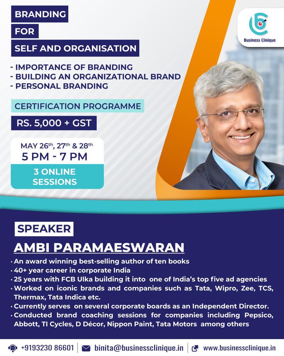 ambimgp's tweet photo. Business Clinique, a consultancy network run by my Chennai friends, is offering a  Certification Course: Branding for Self and Organisation. I am conducting this virtual programme. You can register or get your team to register using the following link: 
https://t.co/qi83sZGtrg https://t.co/540kKBlP7F