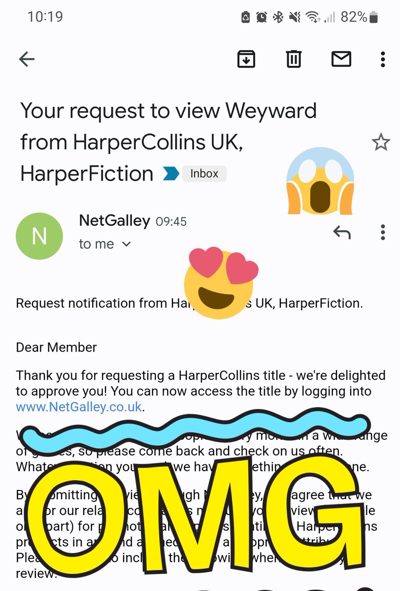 laraamandamarsh's tweet photo. Ahhhh!
Can't believe I've been approved for the book that everyone is talking about. The fantastic Weyward by Emilia Hart.
I know what I'll be doing this weekend!
Thank you so much ๐
#Weyward
#ImBooked
@EmiliaHartBooks
Image of approval email to read Weyward from NetGalley. https://t.co/XW8ZVEfF7V