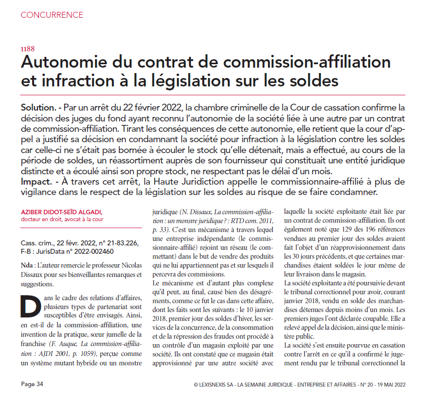 JCPEntreprise's tweet image. #Concurrence - Autonomie du contrat de commission-affiliation et infraction à la législation sur les soldes, par @Aziber1 in #JCPE n° 20