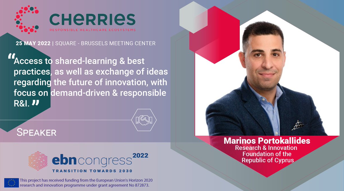 At #CHERRIES2022 we will explore R&amp;I innovation strategies different European territories are shaping based on demand-driven and #RRI approaches.

📢Marinos Portokillades <a href="/ResearchCy/">Ίδρυμα Έρευνας & Καινοτομίας (ΙδΕΚ) - RIF</a> will be on stage sharing insights from the Republic of Cyprus
#eHealth 

cherries2020.eu/events/cherrie…