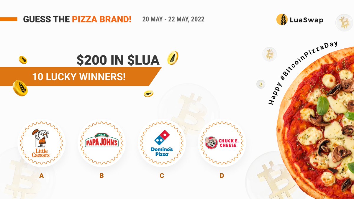 LuaSwap's tweet image. 12 yrs ago, $BTC was used to buy a physical product everybody loves, A PIZZA🍕for the 1st time ever!

Name the brand of the pizza purchased on #BitcoinPizzaDay to win part of $200 in $LUA 🎁

🍕Follow @LuaSwap
🍕Like❤️ &amp;amp; RT w/ ur answer 🔁+ @LuaSwap #BitcoinPizzaDay + tag 3 frens