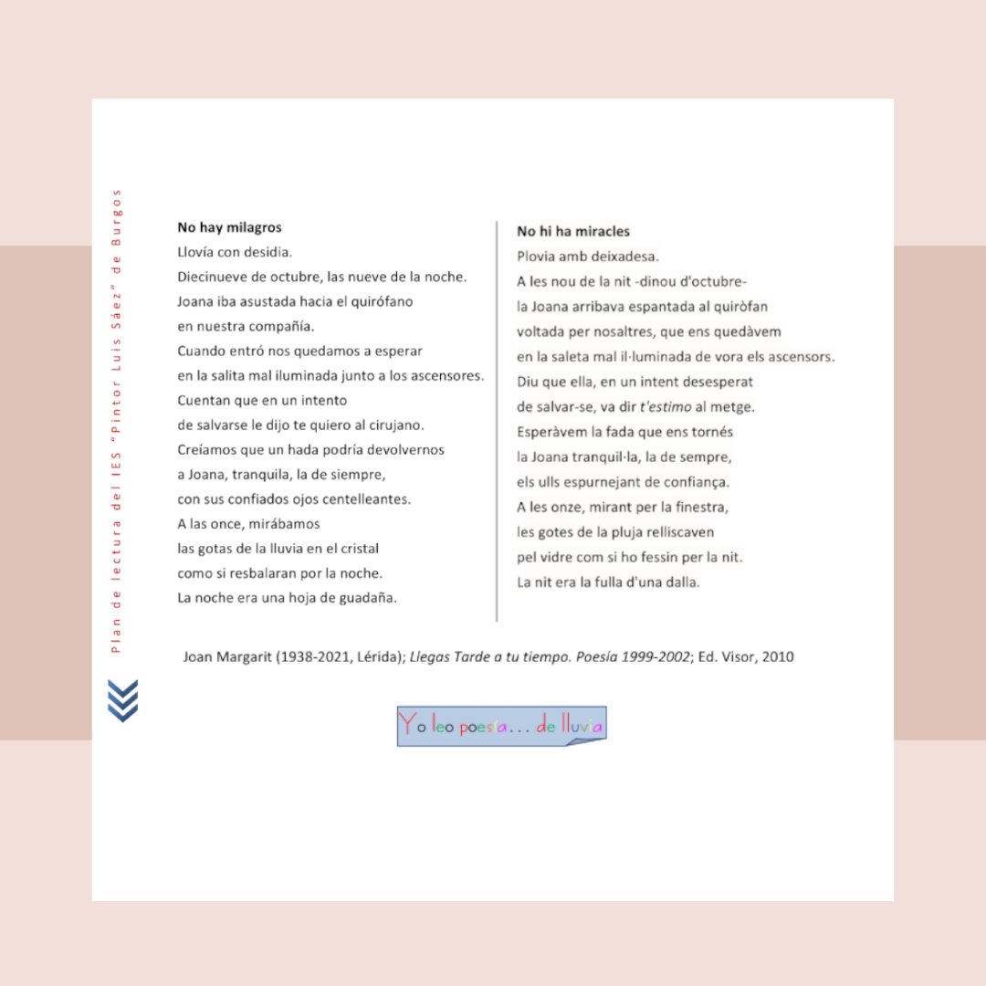 El poema de hoy es del autor catalán Joan Margarit👨 
Es una obra triste en la que el poeta recuerda el momento en el que su hija Joana entra en el quirófano. La situación es grave y la muerte está presente 

#poema #burgos #lectura
