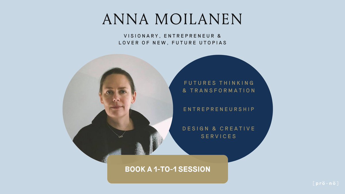 prono_fi's tweet photo. Your future? Something boldly new – utopias!
But to make big things happen, every changemaker needs other changemakers to help them grow.

@AnnaMoilanen can help you see new possibilities and act on them. 
Book a 1-to-1 session with her now on Prönö! https://t.co/10iSV3hhem https://t.co/ViO4LUyKXv