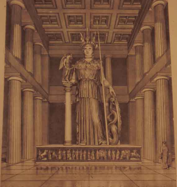 LRonLacy's tweet photo. Drawing reconstructing the cult statue, #AthenaParthenos, in the #Parthenon in #Athens. The statue, by #Pheidias, was #chryselephantine (made of gold and ivory) and is reconstructed on the basis of #Pausanias’s description and ancient statuettes. https://t.co/D1ho9axPcU