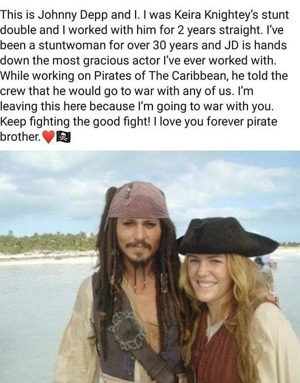 No_Reason_Jenz's tweet image. Lisa Hoyle has worked as a stunt double in Hollywood for over 30 years!!...

She worked with Johnny for 2 years on Pirates of the Caribbean....

"He is the most gracious actor I've ever worked with"...

#JusticeForJohnnyDepp
