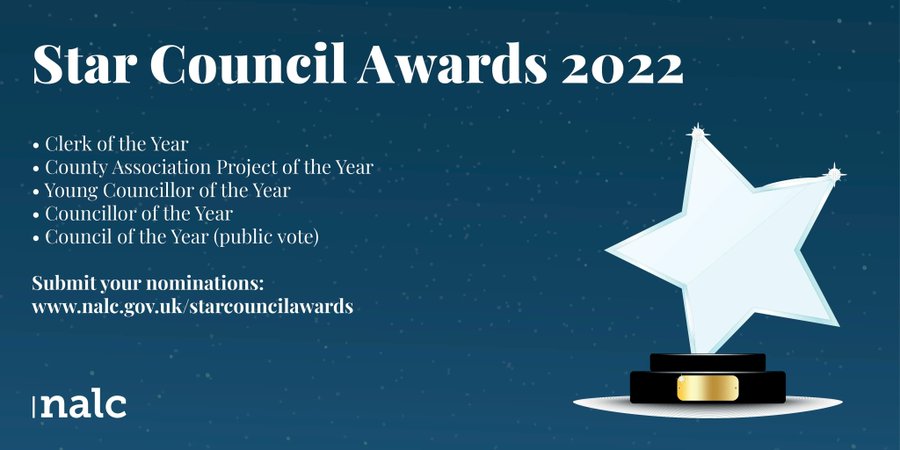 ceo_ncalc's tweet photo. Last chance! Nominations close 27 May 2022. 

@NALC is calling for entries for the #StarCouncilAwards 2022, the only national awards to celebrate the outstanding work of the local council sector.

Find out more and send in your nominations: https://t.co/Ql7tITHmua https://t.co/9l90Cr2Xwd