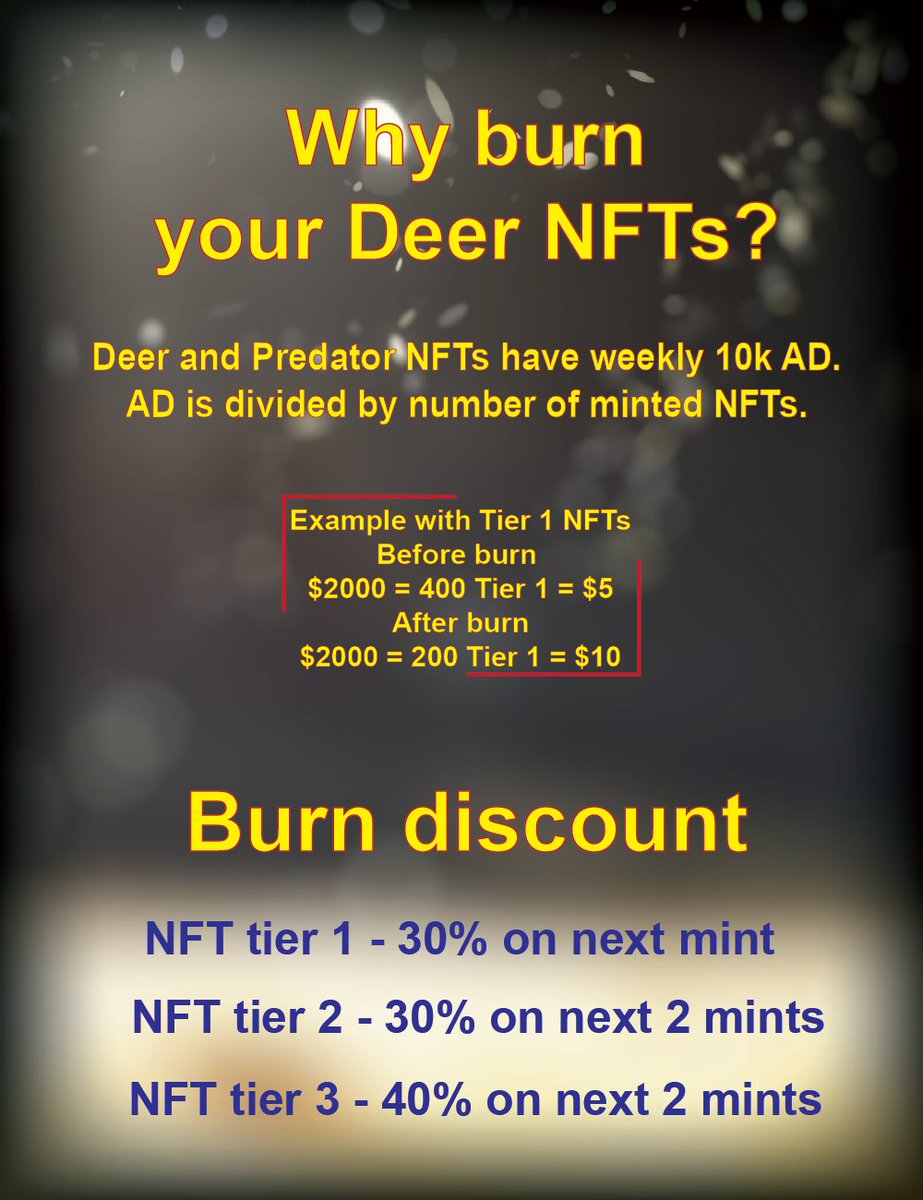 BloomDeFi's tweet photo. Herd🦌

Today is #mint day at 9pm UTC!

Remember this time you can 𝗕𝗨𝗥𝗡🔥 your Deer NFT!
Get a %Discount on your next mint by burning your NFT👇

$10,000 will be airdropped this next Sunday!🦌🚨

Like &amp; RT!🥂

#AVAX #Avalanche #BTC #passiveincome #yieldnodes #NFTGiveaway #NFT https://t.co/oQU6gfoGXo