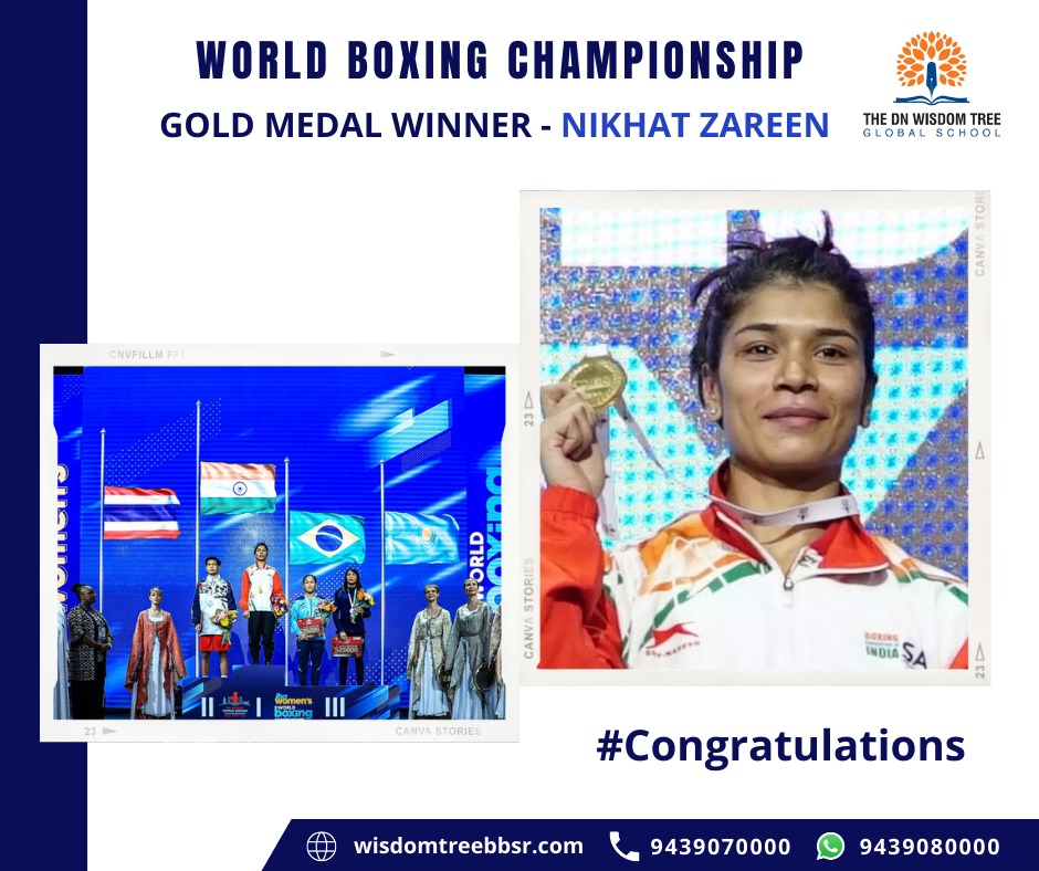 DNWisdomTreeGS's tweet photo. Congratulations to @nikhat_zareen  for winning gold in the Women's World Boxing Championships. We are all proud of you.🇮🇳🥇

#Goldmedal 
#WorldBoxingChampionship 
#dnWisdomTreeGlobalSchool https://t.co/g7FKYDwv1J