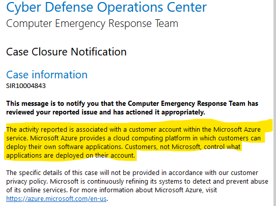 DigitalGasDoc's tweet photo. So, to re-cap. When a malicious actor uses the Azure platform to launch a brute force attack on a third party, the platform provider is absolved of any all responsibility. Okay, got it 😡🤬 https://t.co/yhslfB4Ig2