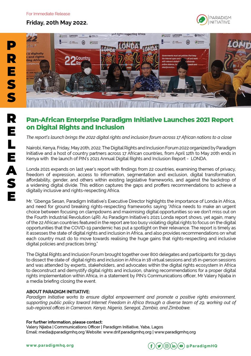 ParadigmHQ's tweet photo. Press Release 

Pan-African Enterprise, Paradigm Initiative, Launches 2021 Report on Digital Rights and Inclusion in Africa.

The 2021 #Londa report captures the gaps and proffers recommendations to achieve a digitally inclusive and rights-respecting Africa. https://t.co/MMAXgdUOS4