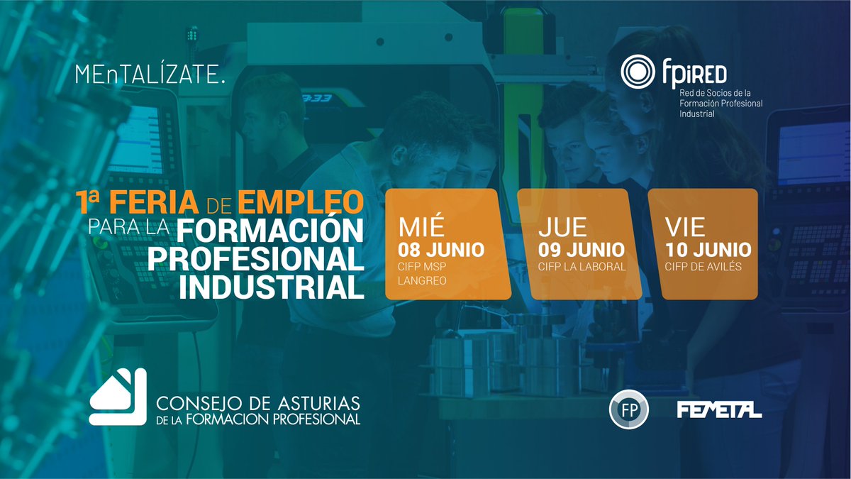 FEMETALAstur's tweet photo. #MEnTALÍZATE NO TE LO PIERDAS ehhh‼️
🔵🟠HOY queremos contaros que los días 8, 9 y 10 JUN tenemos la PRIMERA #FeriaFPIndustrial en Asturias, un Punto de Encuentro entre las necesidades laborales de las empresas y el alumnado de FP Industrial.
#FPindustrial #FPiAsturias #fpiRED https://t.co/lO2VoVtSrW