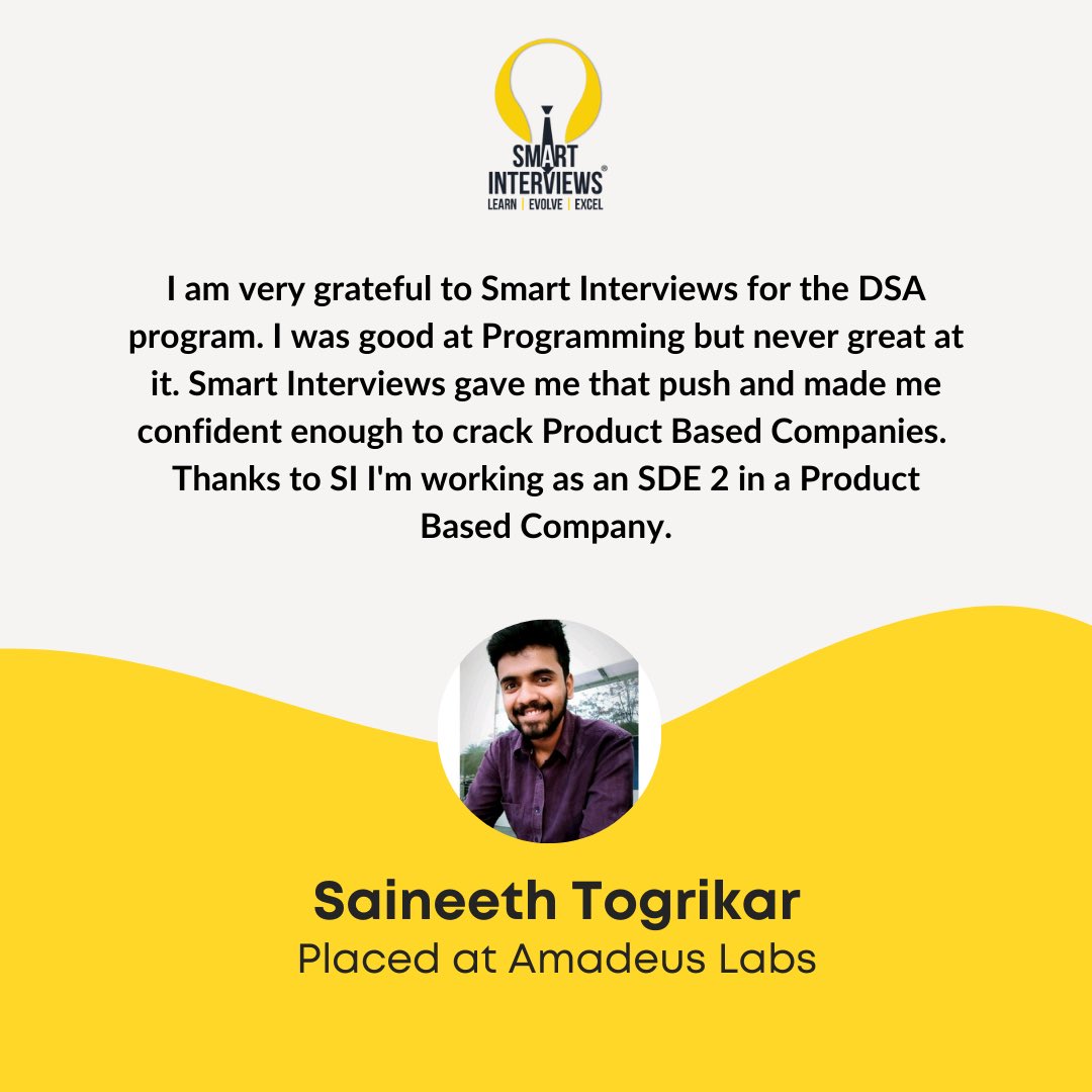 smart_interview's tweet image. Hear from our students about their Smart Interviews journey and what aspect they love the most!
LinkedIn profile - linkedin.com/in/saineeth-to…
#SmartInterviews #Placements #SmartCoder #SDE #Alumni #Placed #DSA #amadeuslabs