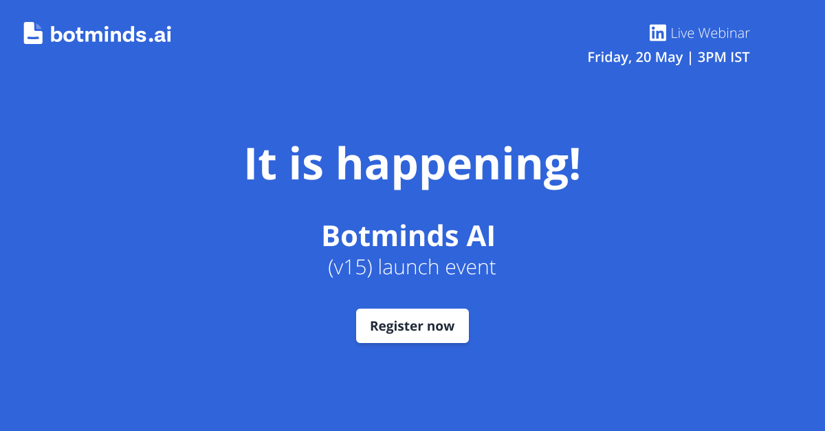 The wait is over!

Botminds (v15) launch event has begun!

Join us now: hubs.ly/Q01bN4h60

#event #AI #documentunderstanding #ML #RPA #Automation #machinelearning #digitaltransformation #webinars #IDP #IPA #automation #linkedinevents