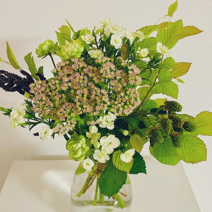部屋が散らかっていても花を飾るんだプロジェクト継続中。
自分で花を1本ずつ買って組み合わせてみた。緑多めの初夏の花束。
エクレール(緑のバラ)、セダム、ブラックベリー、ダイアンサス、ヒエ、姫水木。主役がいなくてみんな好き勝手って感じになったけどこれも善き。 